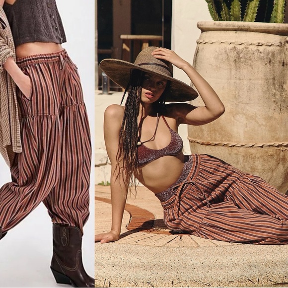 Free People Pants - Free People Western Boho Ellie Pull On Barrel Pants Bloomers XS Brown Stripe NEW